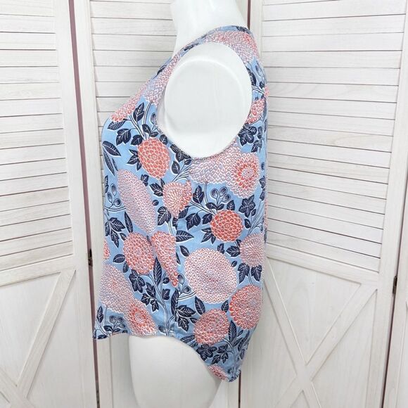 Cynthia Rowley Floral Linen Sleeveless Shirt Button Front Blue Coral Red Large - Picture 2 of 10